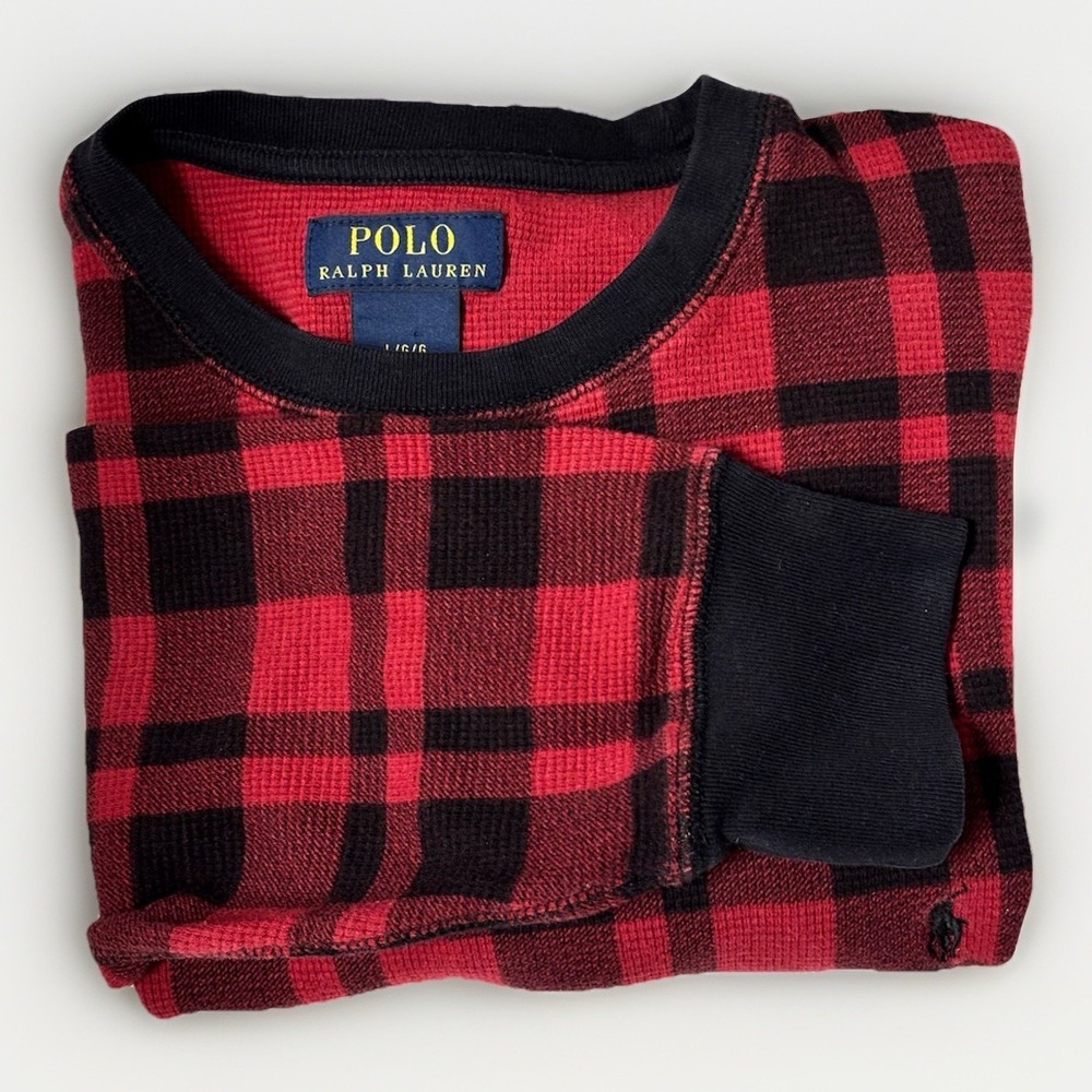 Polo Ralph Lauren Mens L Red Black Buffalo Plaid Waffle Thermal Shirt Long Sleev